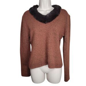 Theme Womens Brown Cropped Size XL Lambswool Angora Rabbit Fur Blend Sweater